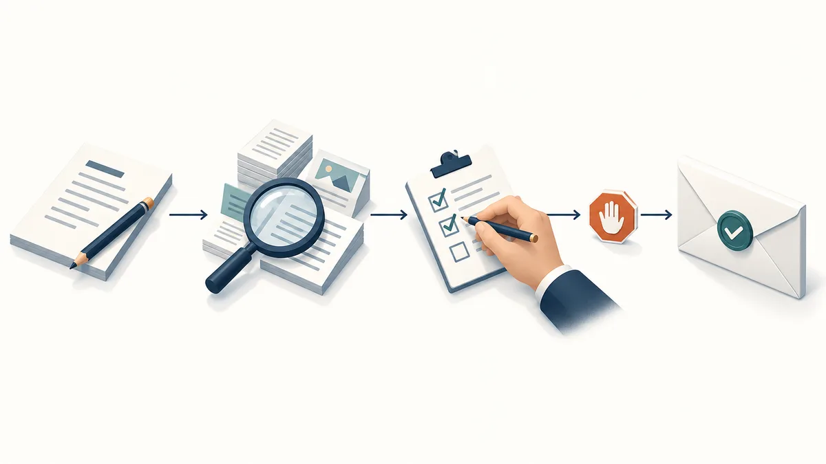 Conceptual illustration of a person reviewing documents beside an AI-assisted workflow.